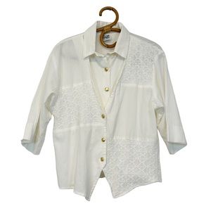 Vintage | Tap & Co |‎ White Layered Crochet Panel Button Front Blouse